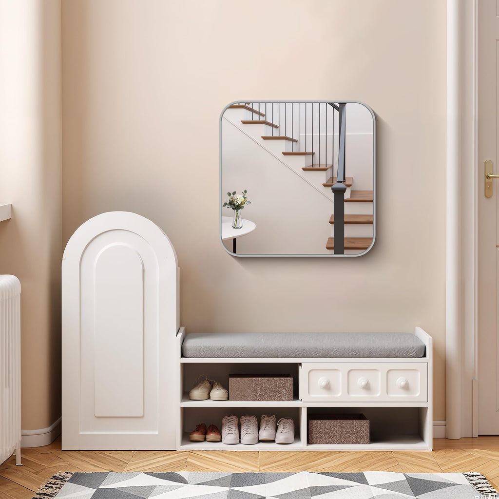 Bathroom Mirror for Over Sink 24x24 Inch Silver, Square Wall Mirror with Metal Frame, Rounded Corners Decor