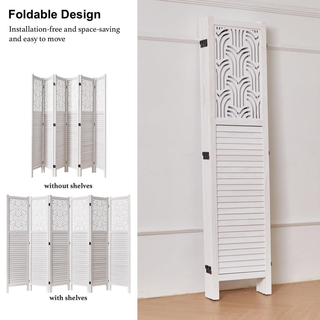 Folding Room Divider, 66.9 Inch 6 Panels Wood Carved Privacy Screens, Free Assembled Freestanding Portable Separation