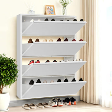 Shoe Storage Cabinet with 4 Flip Drawers, Hidden Slim Narrow Shoe Rack Cabinet, Wall Mount Metal Shoe Cabinet, White
