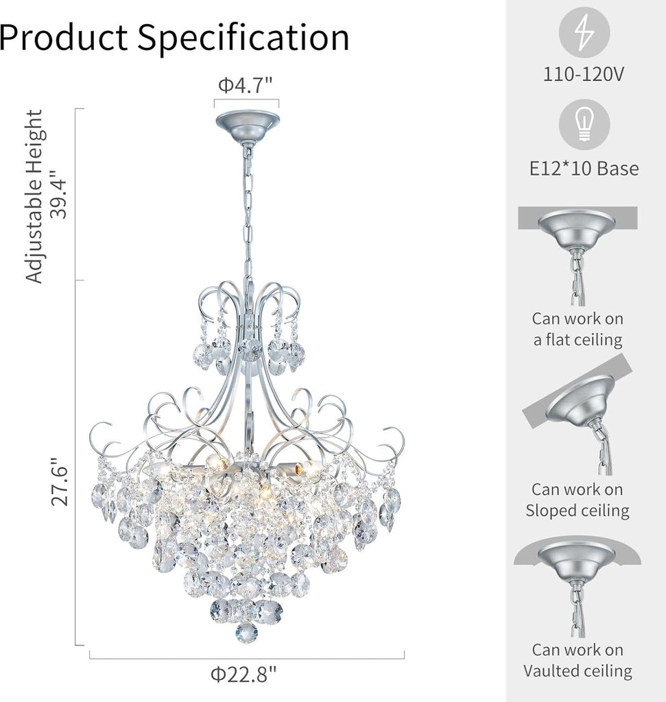 Crystal Chandelier K9 Crystal Lighting Chandelier for Living Room 10 E12 Bulbs High 27.6 in x Diameter 22.8 in, Silver A110-B0CTG17C4X