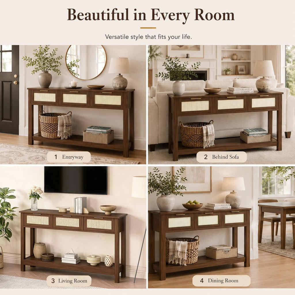 Console Table with 3 Rattan Drawers Storage Open Shelf