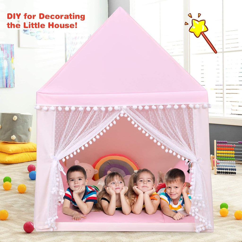 Kids Play Tent, Large Playhouse w/Washable Mat, Windows, Solid Wood Frame, Indoor Outdoor Princess Tent for Children