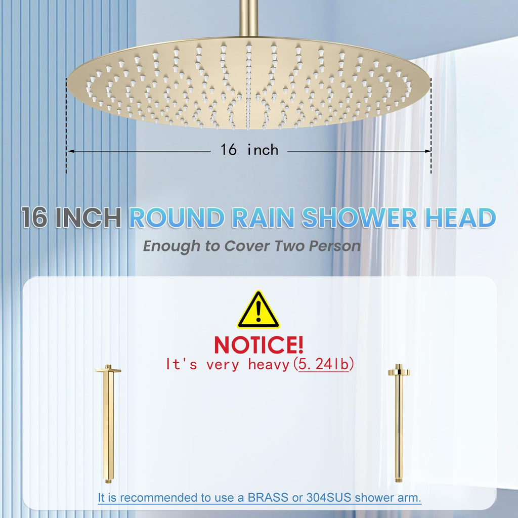 16 inch Brushed Gold Round Rain Shower Head, All Metal Stainless Steel 304, Ultra Thin Design, Full Body Rainfall