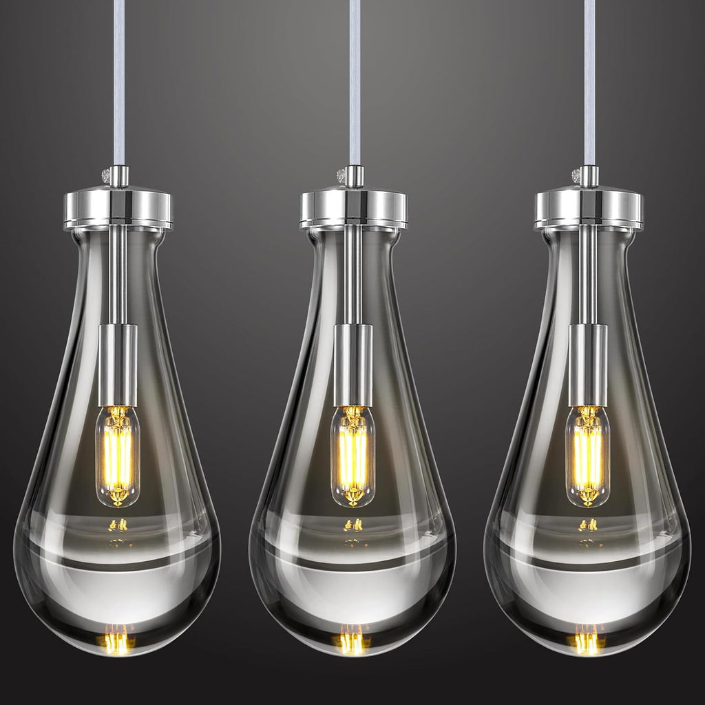Raindrop Pendant Lights Kitchen Island Set of 3 Teardrop Chrome Hanging Light Fixtures Clear Solid Glass Pendant Light Modern Chandeliers for Dining Room Porch Corridor Living Room A121-B0BN15D23H