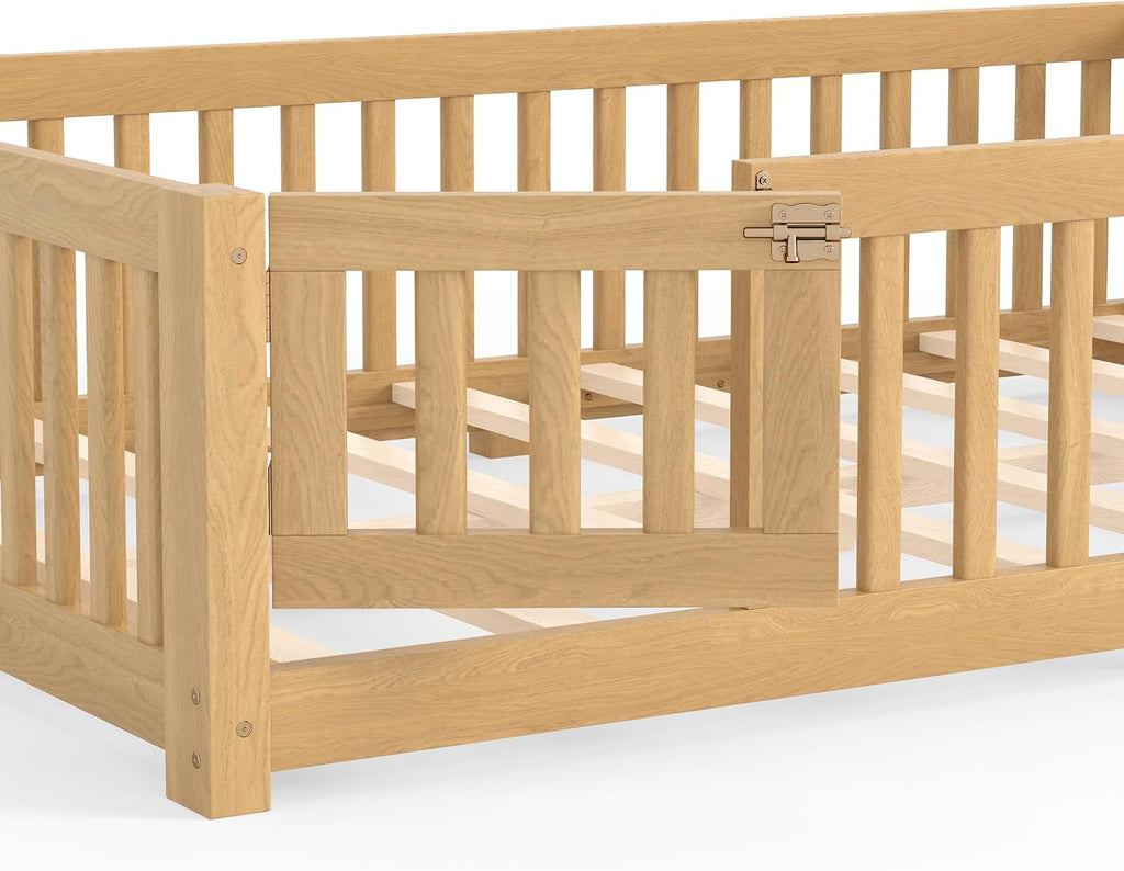 Floor Bed with Rails for Kids, Girls, Boys, Pine, Plywood Floor Bed with slats and Door, Natural