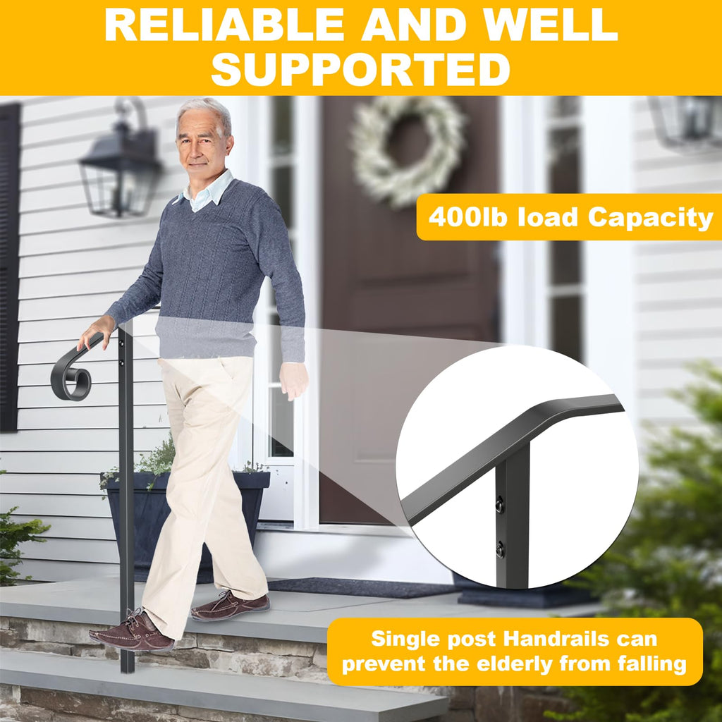 Single Post Handrail, 1 or 2 Steps Handrails for Outdoor Steps, Rust-Proof Wrought Iron Stair Railing in Ground for