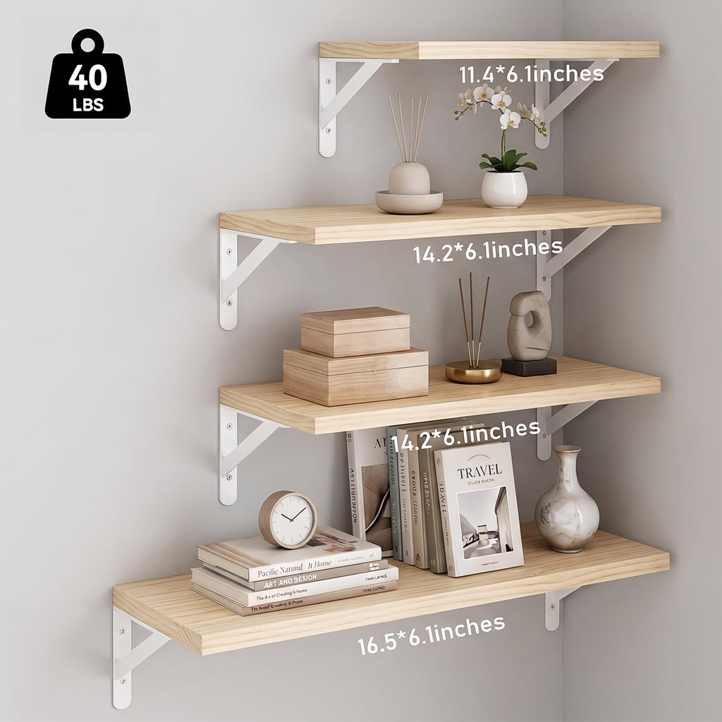 4 Different Sizes Floating Shelves for Wall Decor, Natural Wood