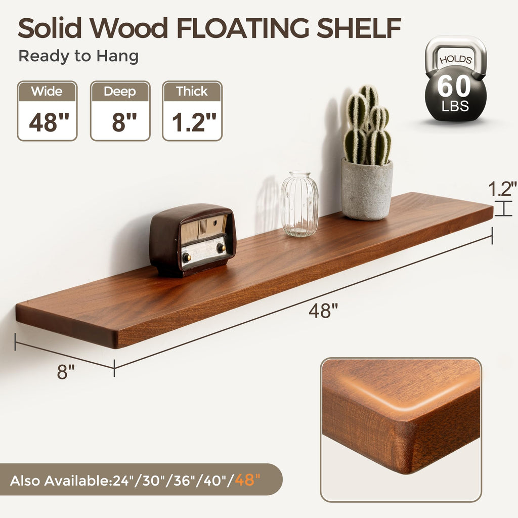 48 Inch Floating Shelves, Rustic Solid Wood Wall Shelves Set of 1, 8 Inch Deep Floating Shelf, Heavy-Duty Wooden
