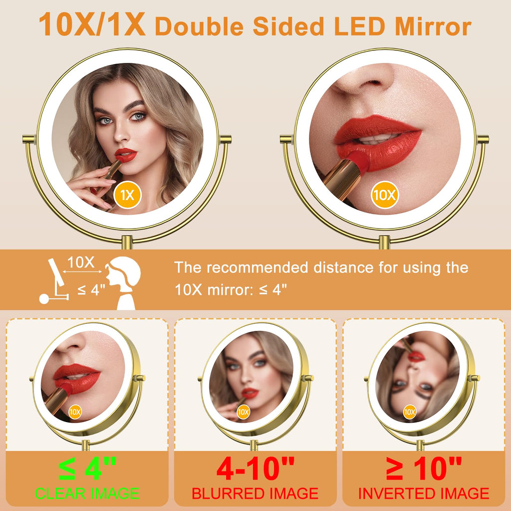 9" Wall Mounted Lighted 1X/10X Magnifying Mirror, Gold