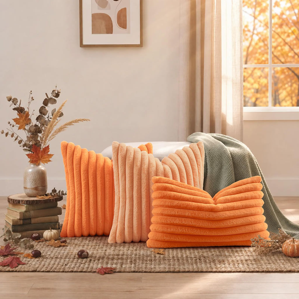 Fall Faux Fur Throw Pillow Covers 18x18 Set of 2 Pumpkin Orange