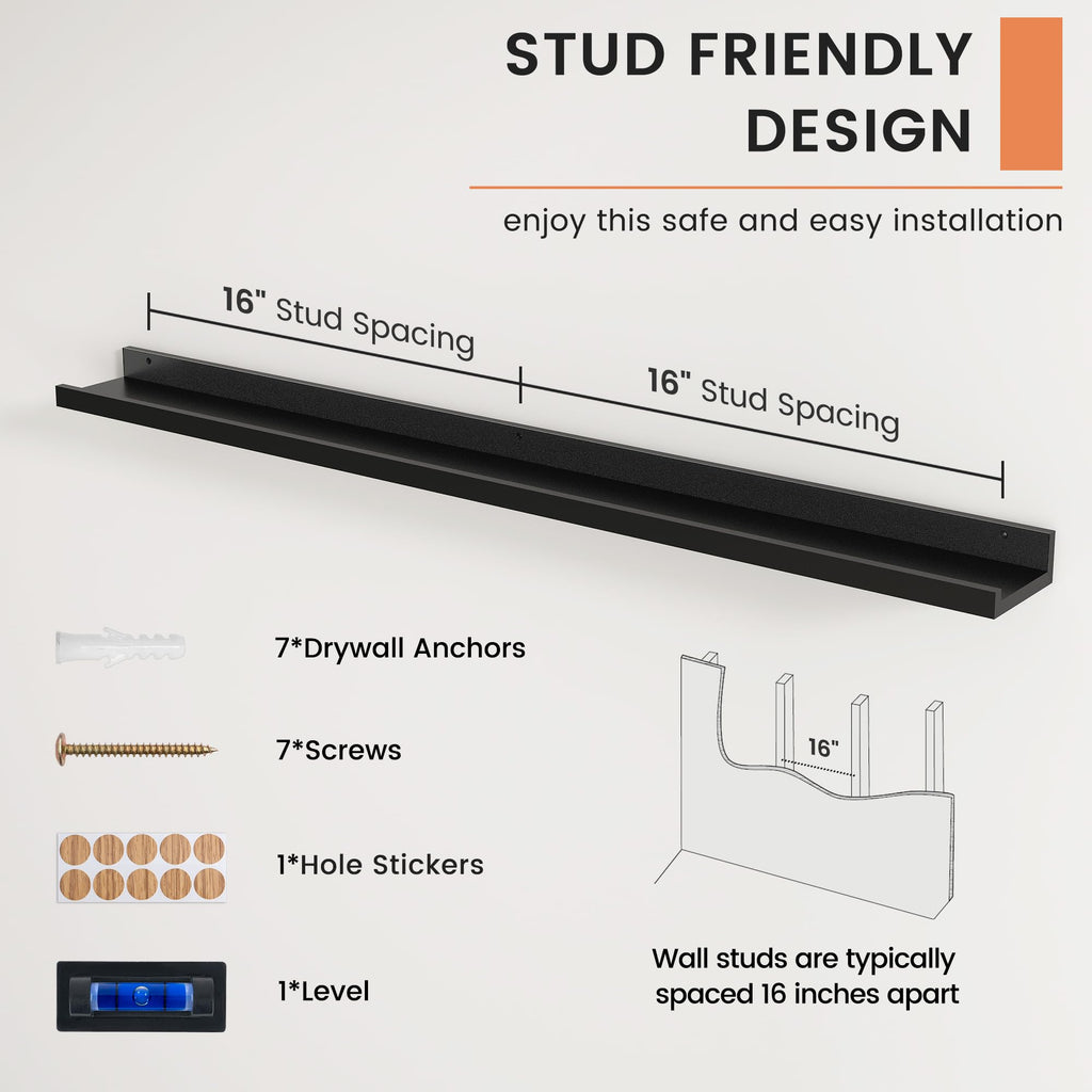 Picture Ledge Shelf, Floating Shelves for Wall, 48" W Set of 2, Black