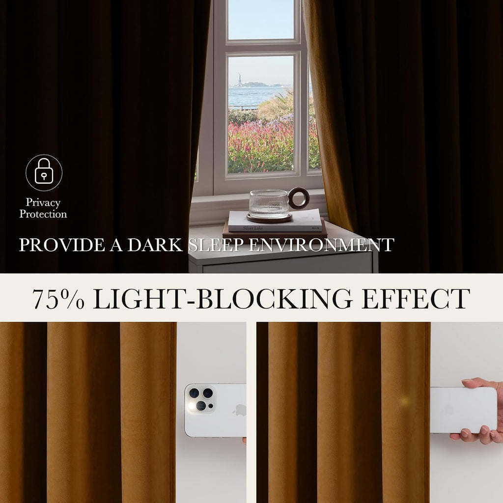 Blackout Pinch Pleat Velvet Curtains 90 Inch Heavy Back Tab Energy Saving Room Darkening All Season Gold Brown Drape