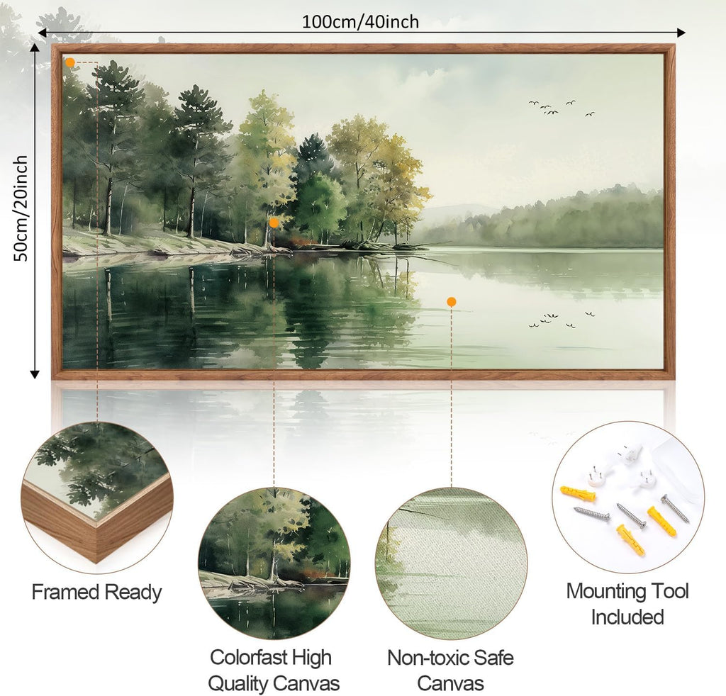 Framed Nature Canvas Wall Art Set,Misty Forest Wall Decor,Green Mountain Forest Pictures,Lake Water Painting set of