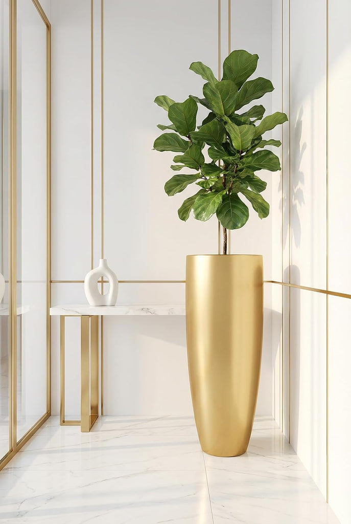 Tall 36" Gold Fiberglass Planter - Large Modern Lightweight Tapered Round Indoor/Outdoor Elegant Decorative Pot for