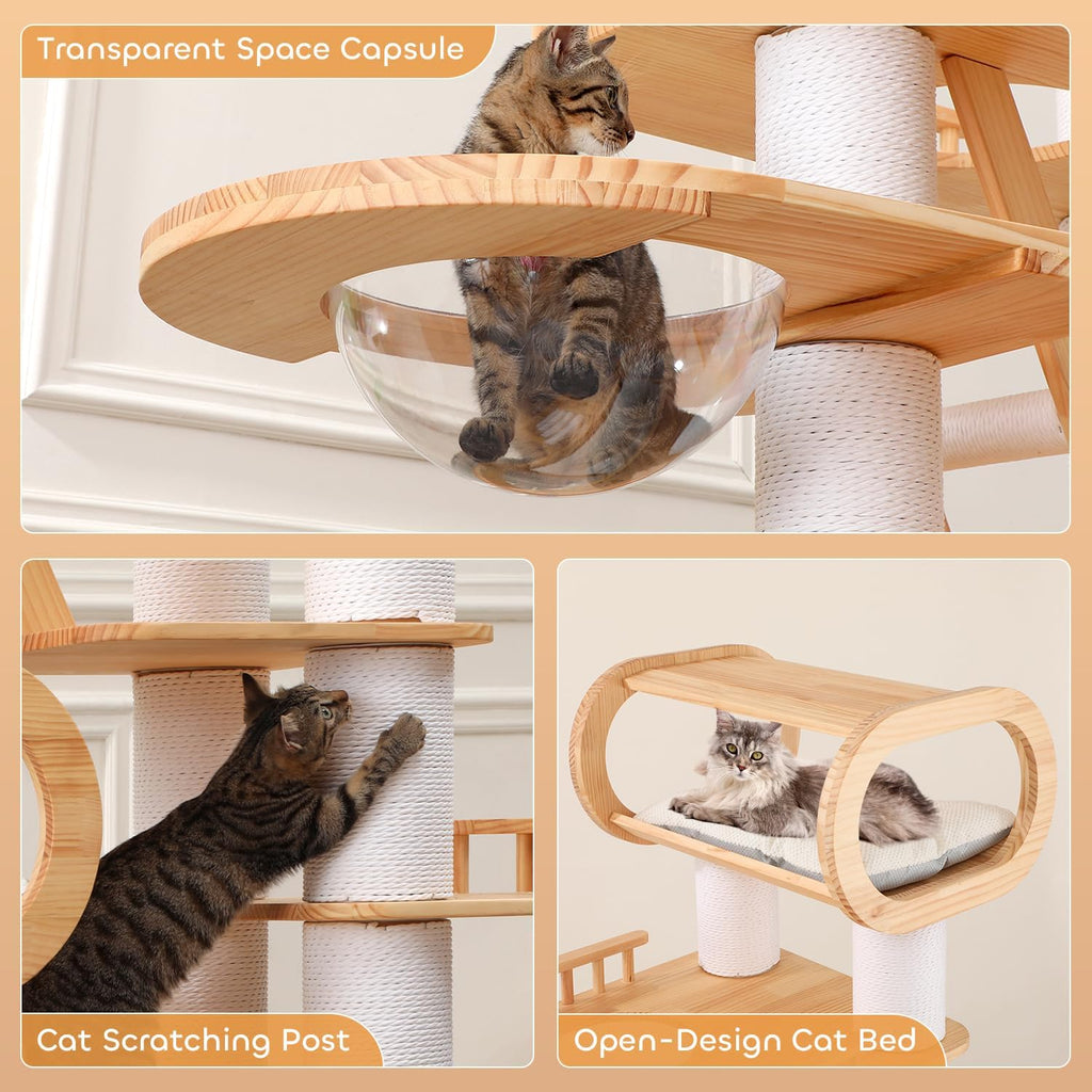 76.8'' Modern Cat Tree for Indoor Cats, Tall Wooden Cat Tower Decoration, Multi-Level Tower with Transparent Cat Bed