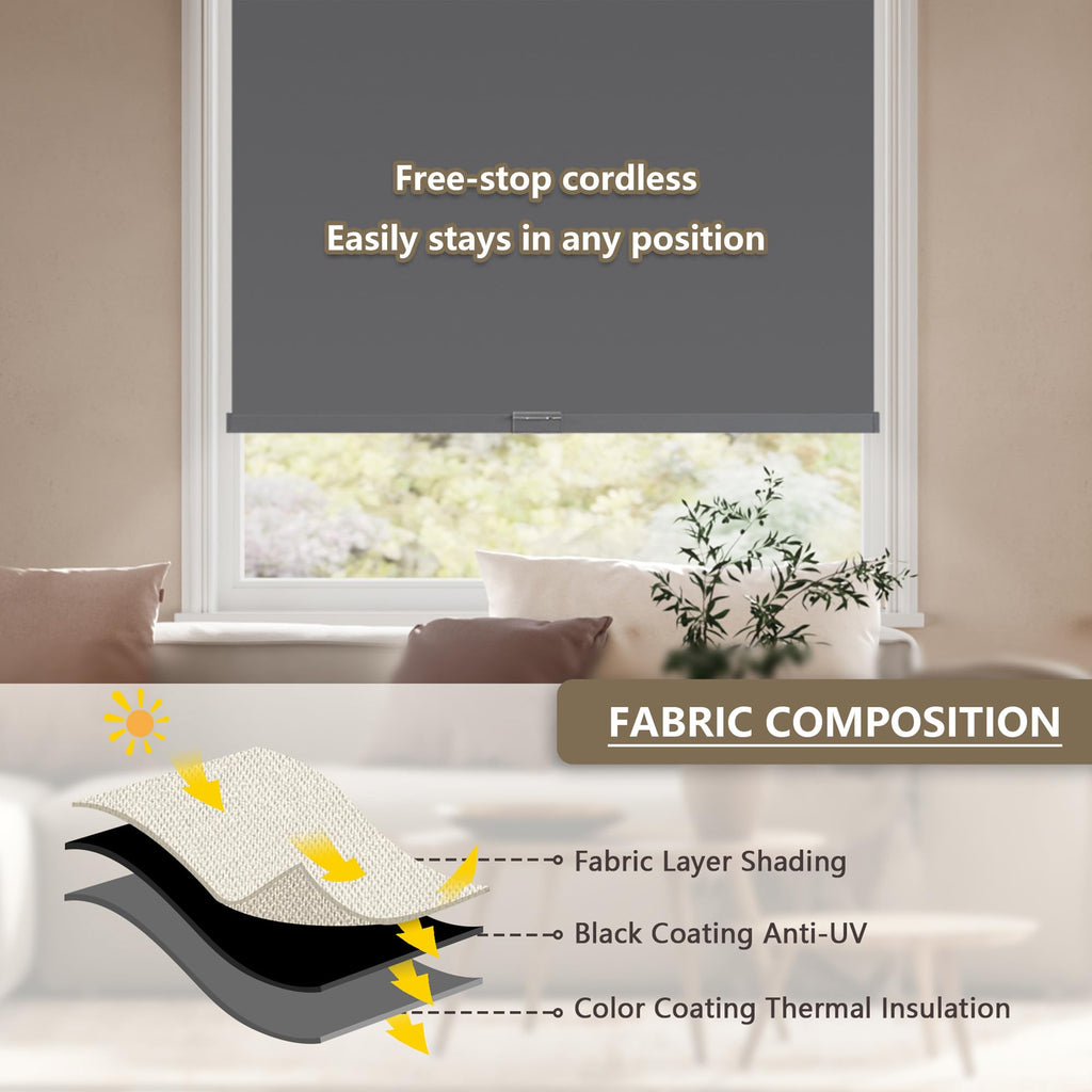 Cordless Blackout Roller Shades Blinds for Windows, Grey