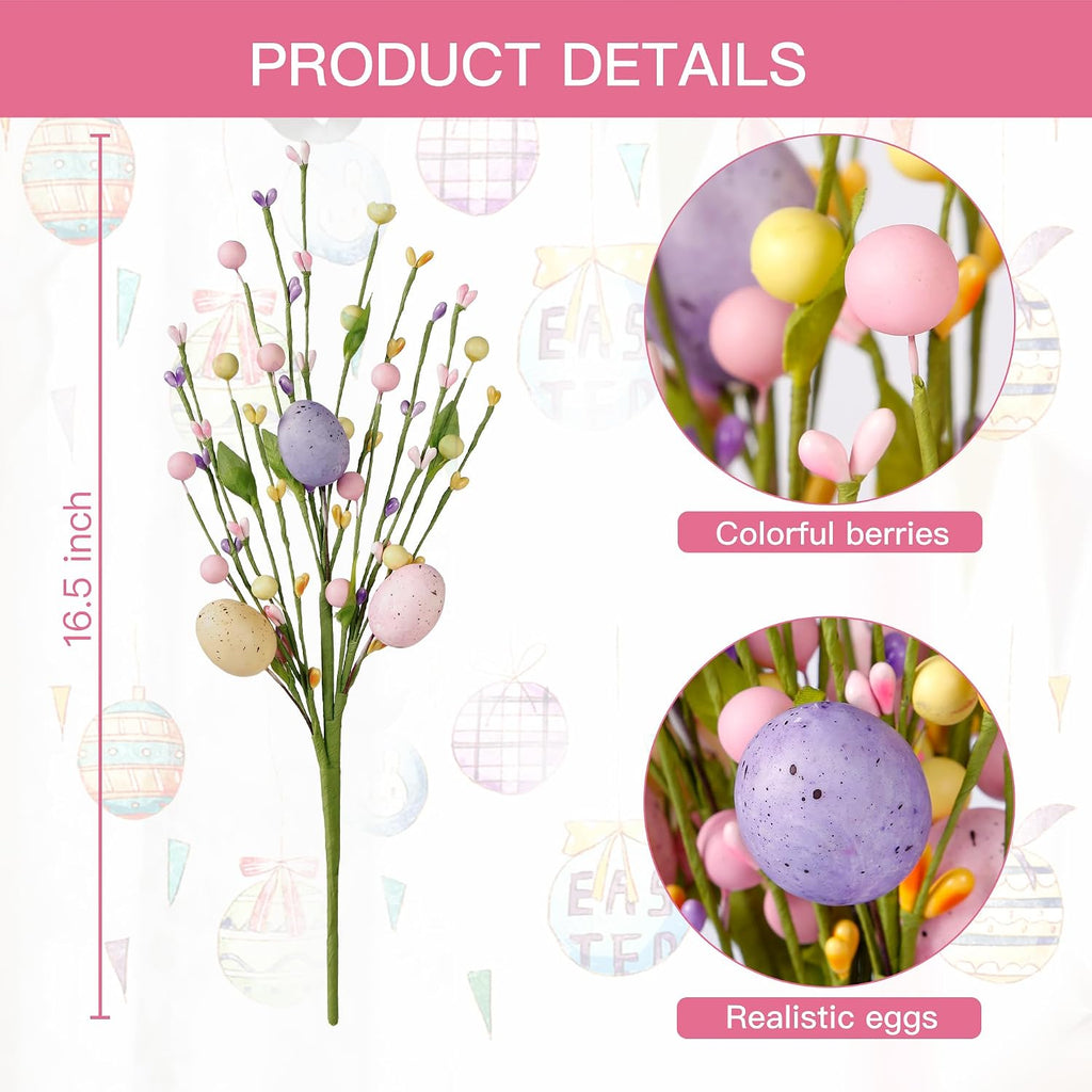 Artificial Easter Stems Spring Berry Picks with Eggs Colorful Berries Leaves Twig Branches Sprays for Easter - Set of 6