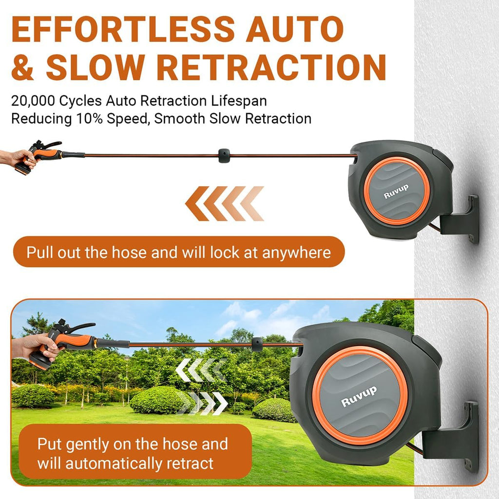 Garden Hose Reel 1/2"x150ft Retractable Water Hose With Metal Bracket | Automatic Rewind, Slow Auto Retraction, Wall