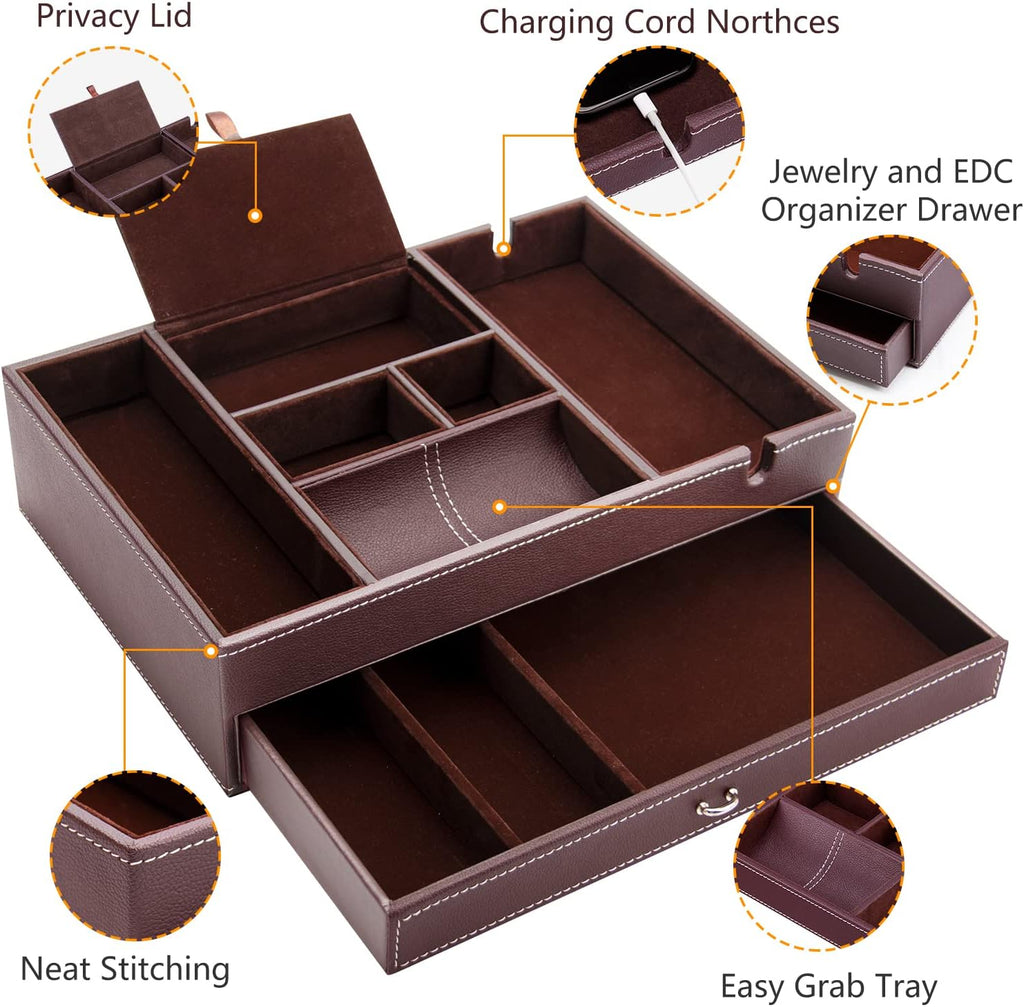 Valet Tray for Men, 2 Layers Nightstand Organizers for Men and Women, Leather Jewelry Storage Box, Mens Dresser Top