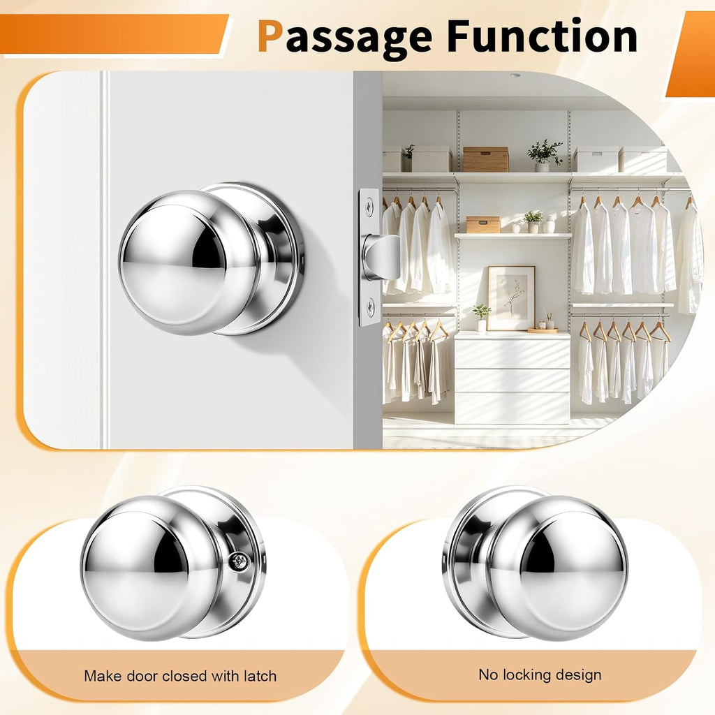Polished Chrome Passage Door Knobs, Interior Door Lock Closet, Keyless Round Ball Knob Handle, No Locking, 3 Pack