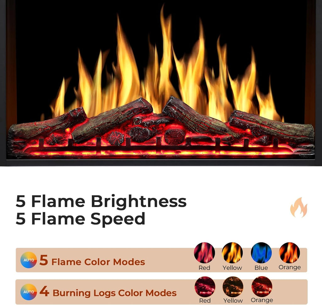 34" Electric Fireplace Insert, Adj.Flame & Log Colors, Remote, 750/1500W