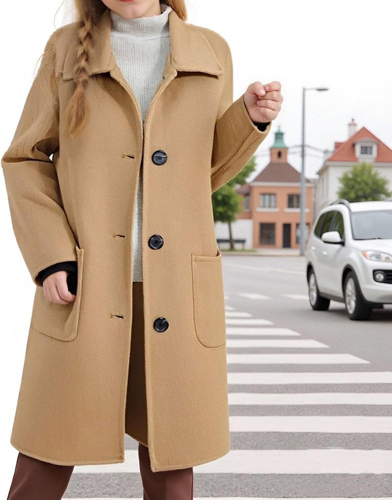 Girls Wool Peacoat Winter Dress Coat Single Breasted Outwear