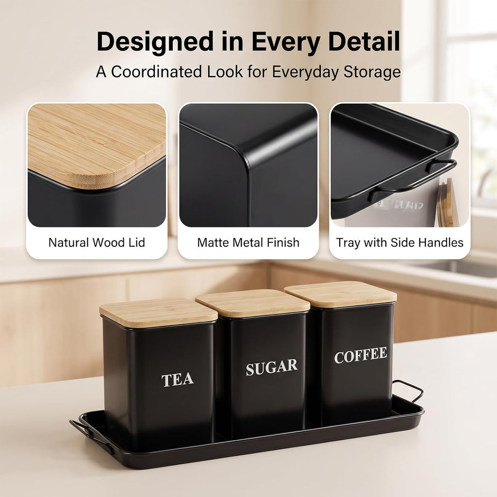 Coffee Tea Sugar Container Set , 50 oz Metal Kitchen Canisters-Black