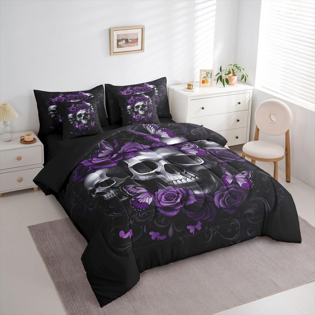 Gothic Skull Comforter Set with Sheets 7 Piece Twin Size Halloween Goth Bedding SetKids Vintage Victorian Romantic