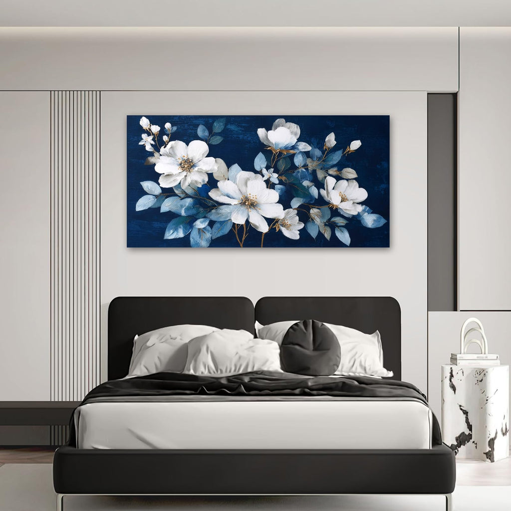 Framed Large Flower Canvas Wall Art Modern White Floral with Blue Background Print Living Room Office Home