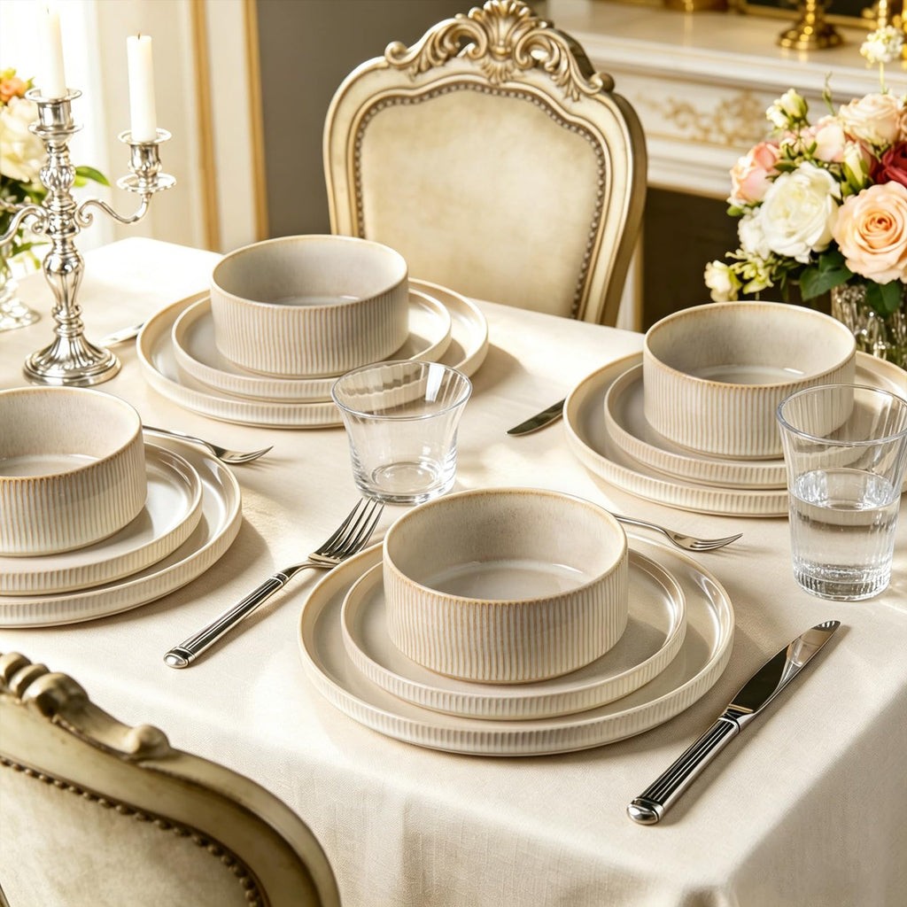 Stoneware Dinnerware Sets for 4, 12Pcs Ribbed Plates and Bowls Set, Beige