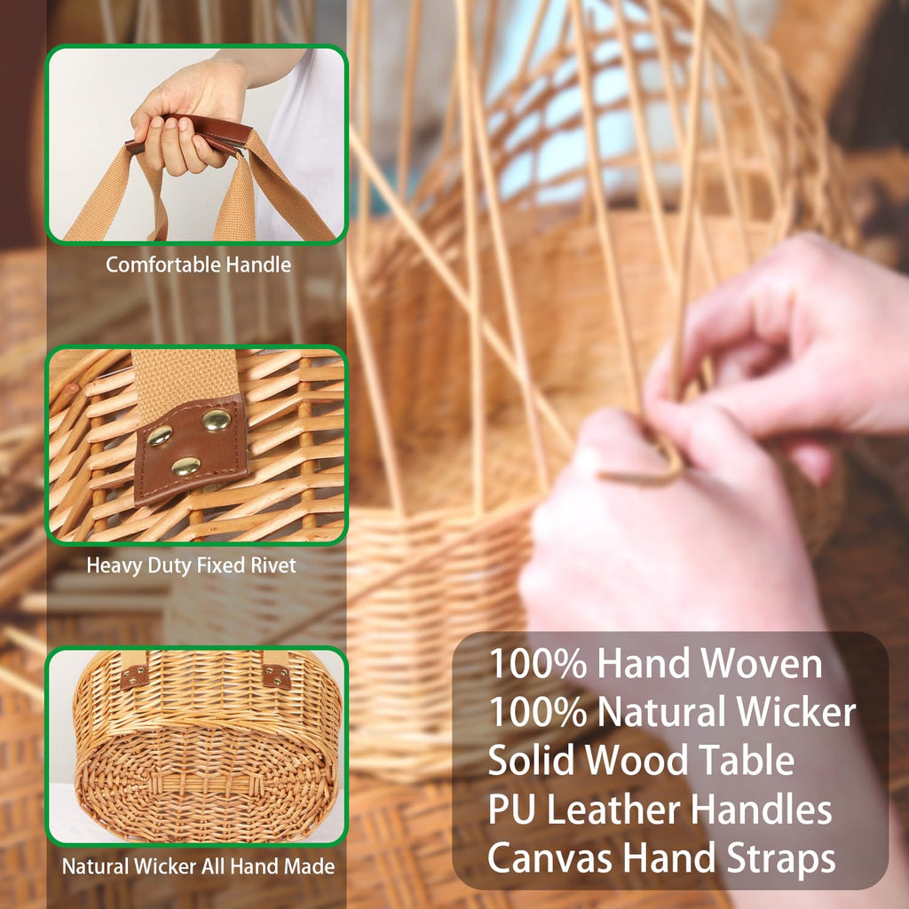 Wicker Picnic Basket Set for 4 with Mini Folding Wine Picnic Table & Large Insulated Cooler Bag & Cutlery Service