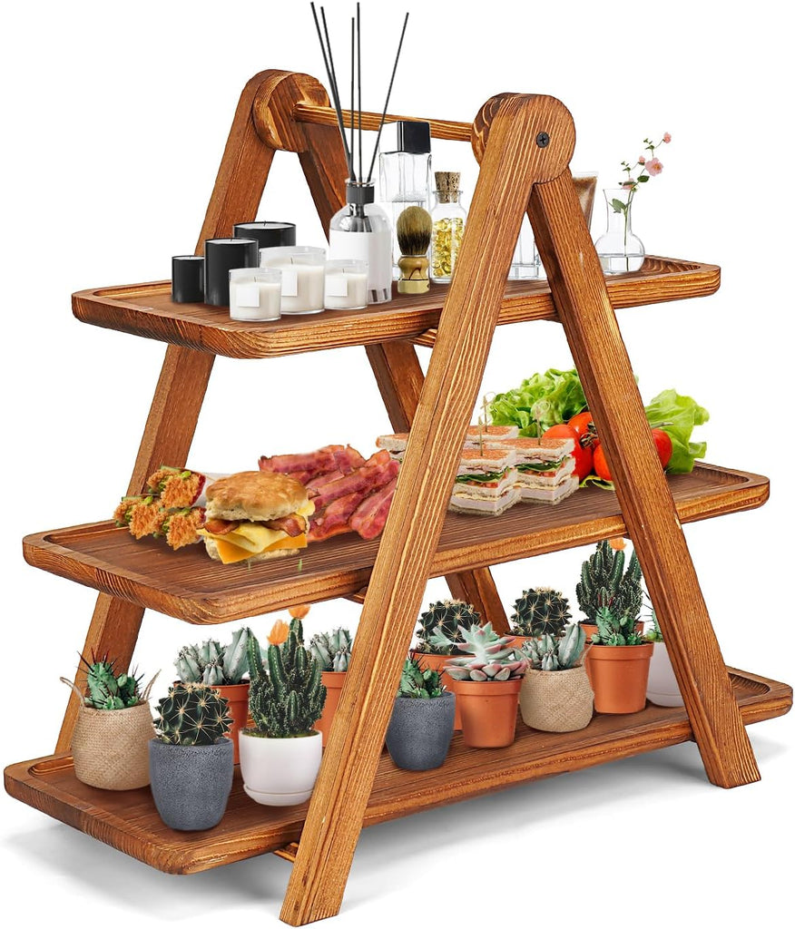 Extra Large Wood 3 Tier Serving Tray Three Tiered Cupcake Stand, Rectangle Serving Platter Wooden Farmhouse Tiered
