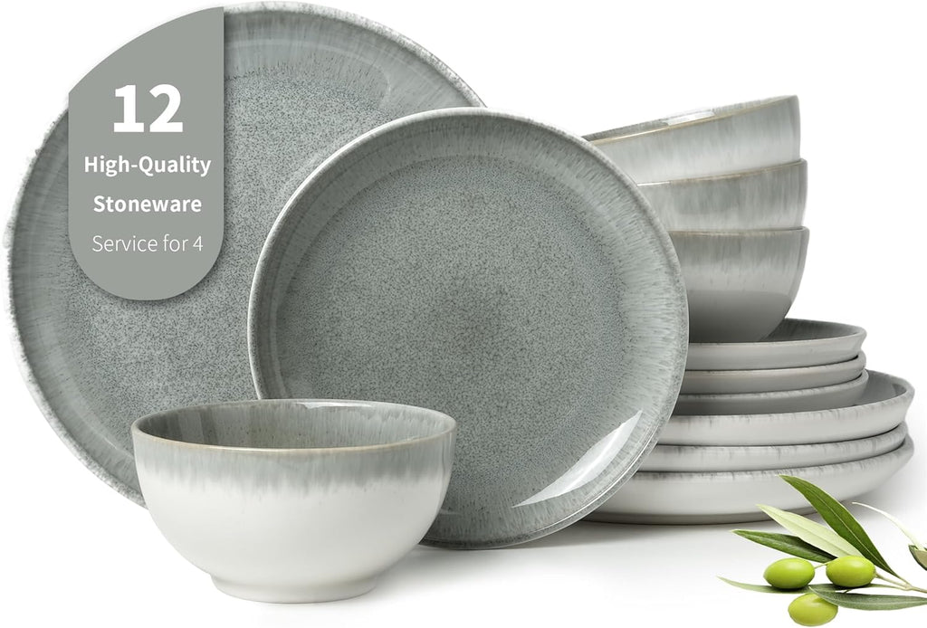 Gradient Green Stoneware Dinnerware Sets, 12 pcs Reactive Glaze Plates and Bowls Sets