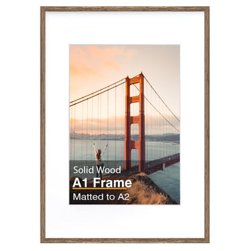 A1 Picture Frame, Rustic Brown Solid Wood Frame with Acrylic Plexiglass for Pictures A2 with Mat or A1 without Mat