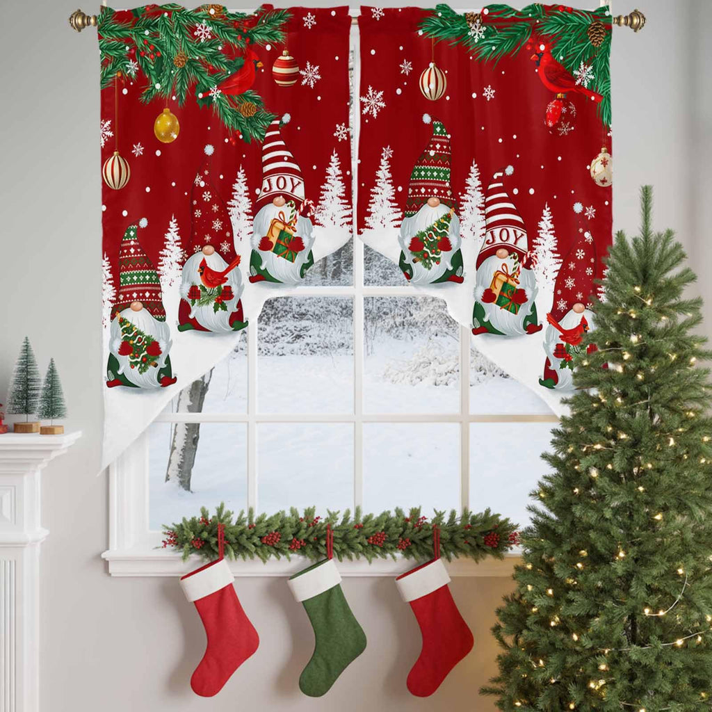 Swag Valances for Windows, Merry Christmas Tree Gnomes Red Rod Pocket Kitchen Window Curtains Over Sink, Cardinals
