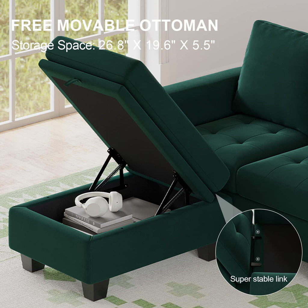 Velvet Reversible Sectional Sofa with Chaise Convertible L Shaped 4-seat Sectional Couch with Storage Ottoman Green