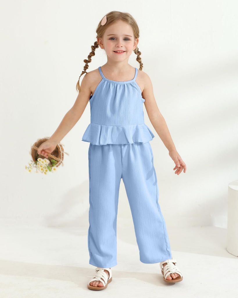 Toddler Girls Outfit Kids Clothes Blue Ruffle Summer Linen Pants 2Pcs