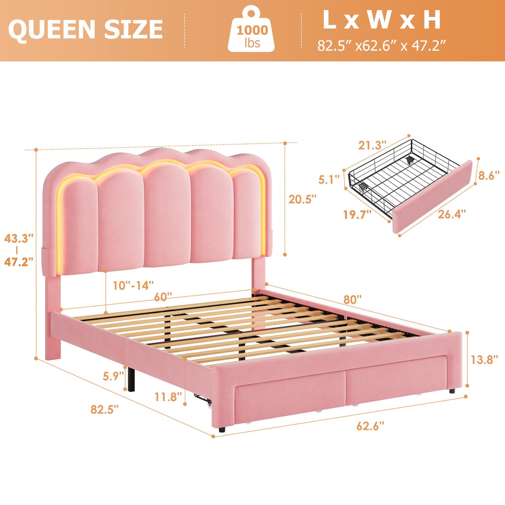 Queen Upholstered LED Bed Frame with 2 Storage Drawers and Adjustable Chic Double Wavy Headboard, Velvet Princess
