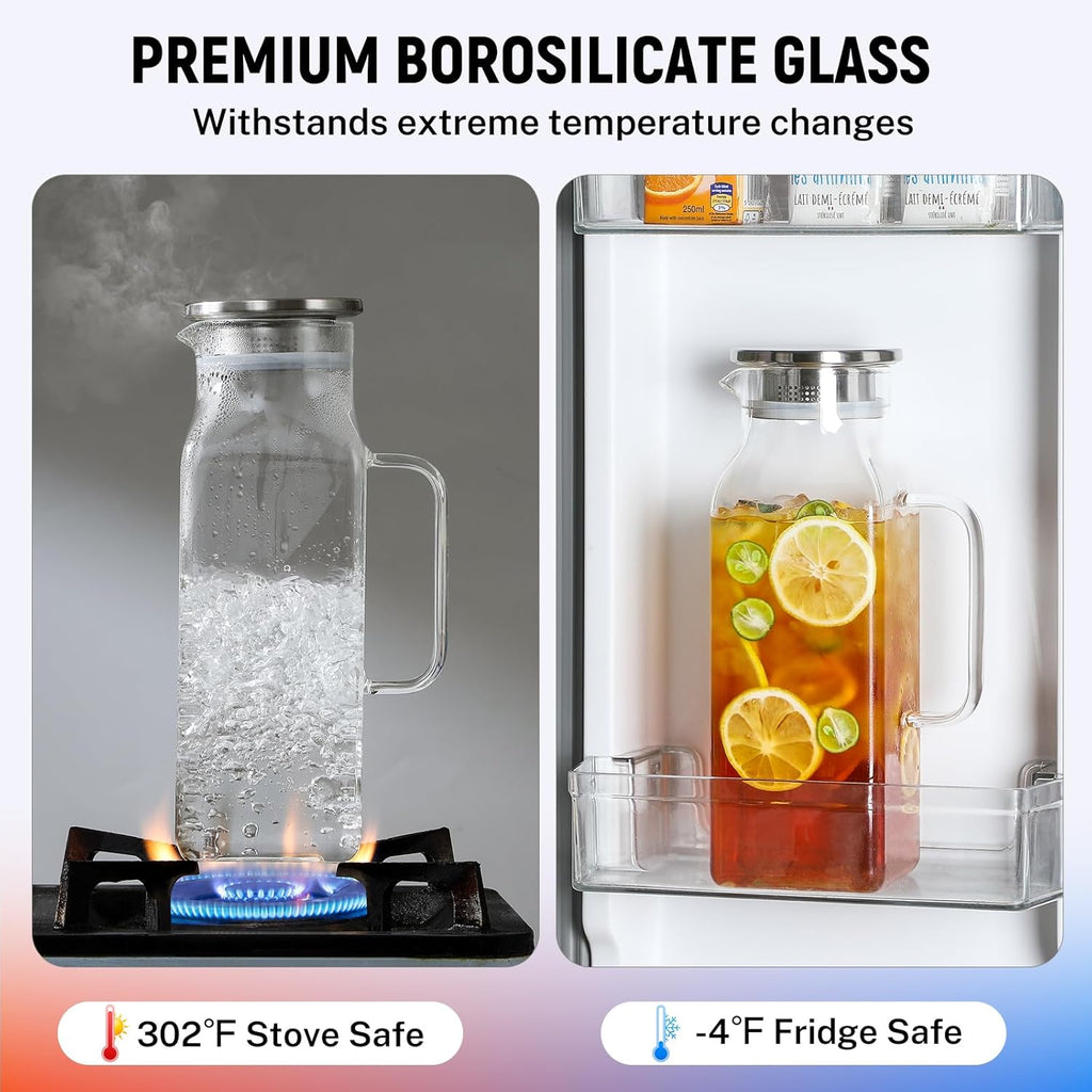2 Quart (2 Liter 68 oz) Square Glass Pitcher with Lid and Spout, Water Pitchers with Handle for Fridge, Borosilicate