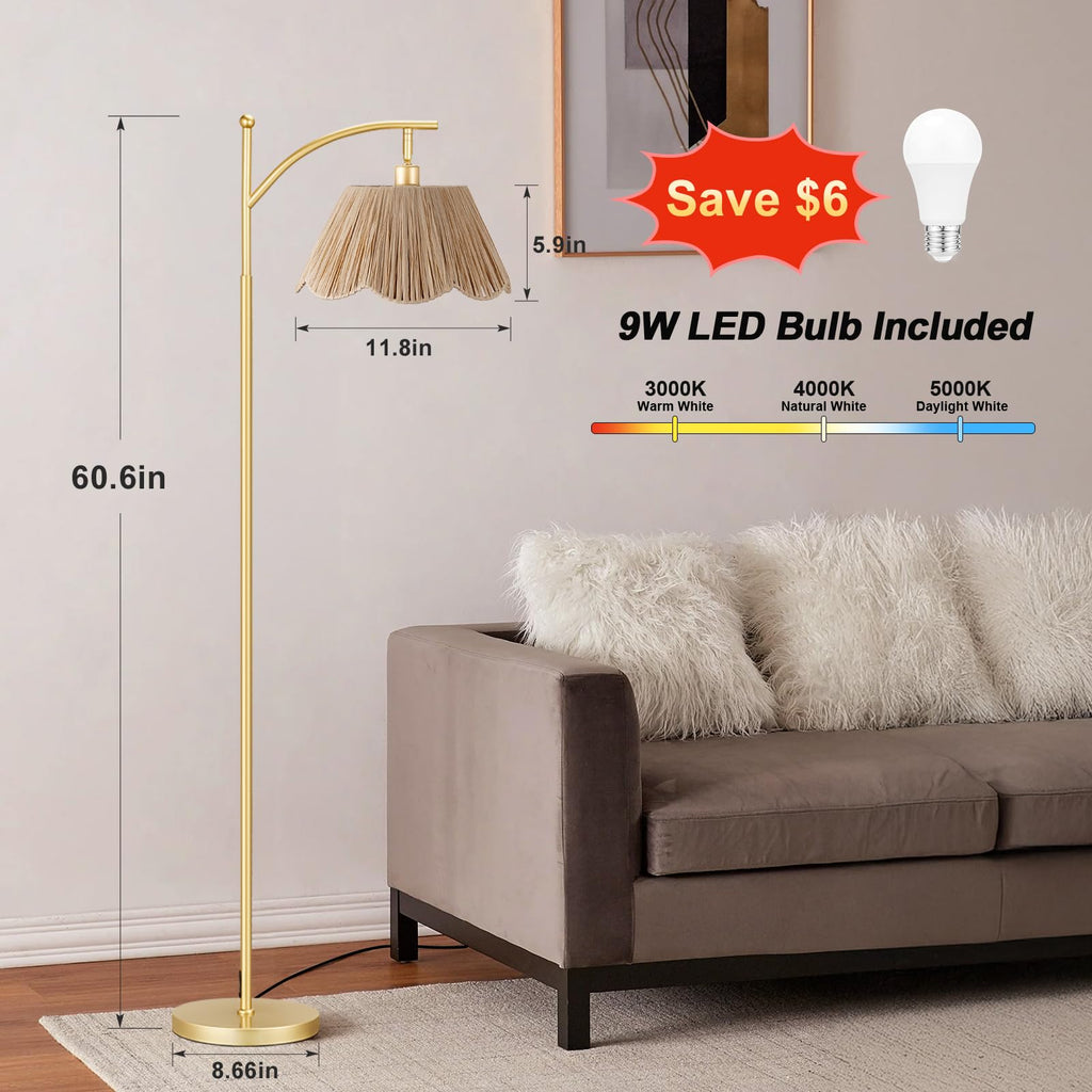 60" Floor Lamps with 3 Color Temperatures, Gold Floor Lamp with Rattan Shade, Modern Tall Lamps Office, 9W LED Bulb
