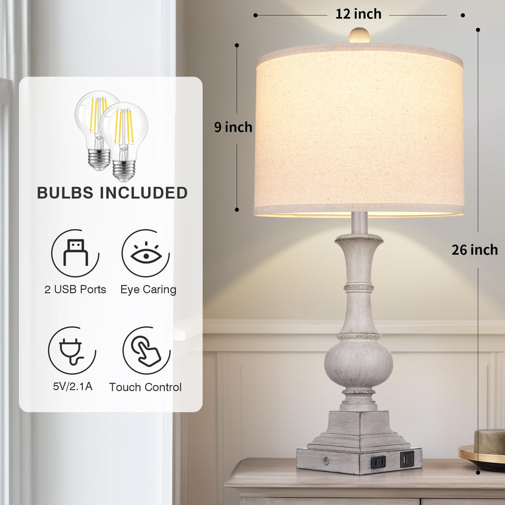 26" Farmhouse Lamp with 2 USB Ports & AC Outlet, Vintage Rustic Touch Control Bedside Lamp, Resin 3-Way Dimmable
