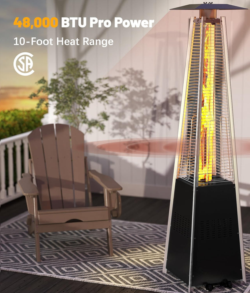 48,000 BTU Pyramid Patio Heater with Wheels, Cover, Black | Triple Safety Protection Propane Heaters, Outdoor Patio