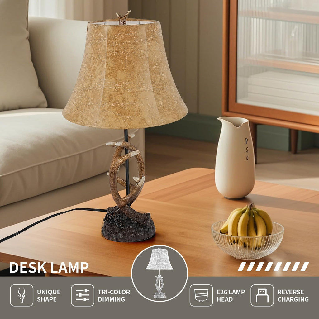 Farmhouse Rustic Western Antler Table Lamps, Set of 2 with USB