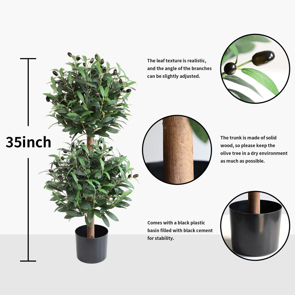 Artificial Olive Double Ball Topiary Trees, 3FT Faux Olive Topiary Tree 2 Packs, 35 Inch Fake Potted Plants for