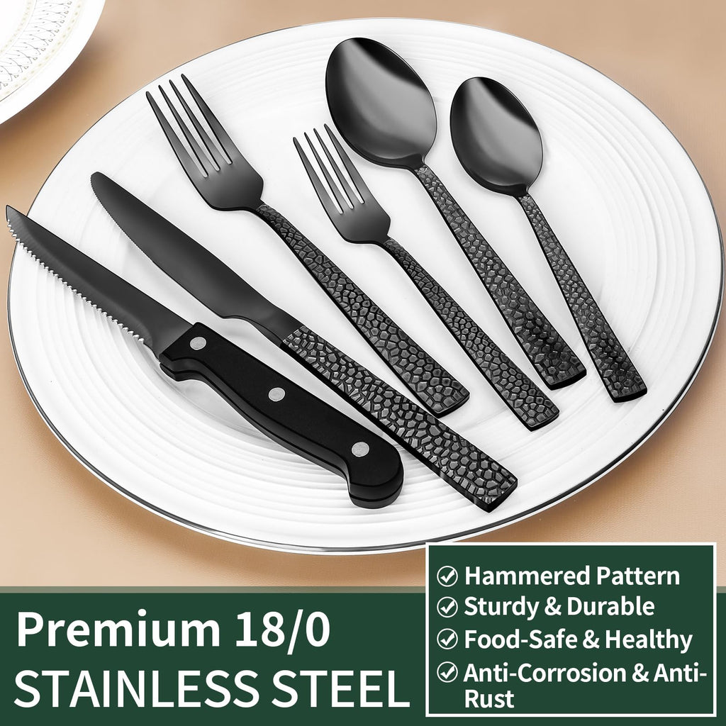24-Piece Black Silverware Set with Steak Knives, Black Flatware Set for 4, Food-Grade Stainless Steel Tableware