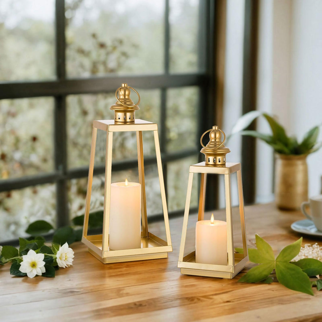 Gold Metal Lantern Decorative Indoor, Set of 2 Wedding Decor