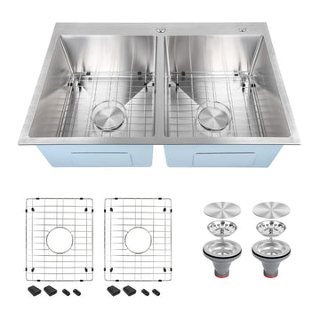 33 Inch Drop In Double Bowl Kitchen Sink 50/50-16 Gauge Stainless Steel Overmount Kitchen Sink 33x22 with