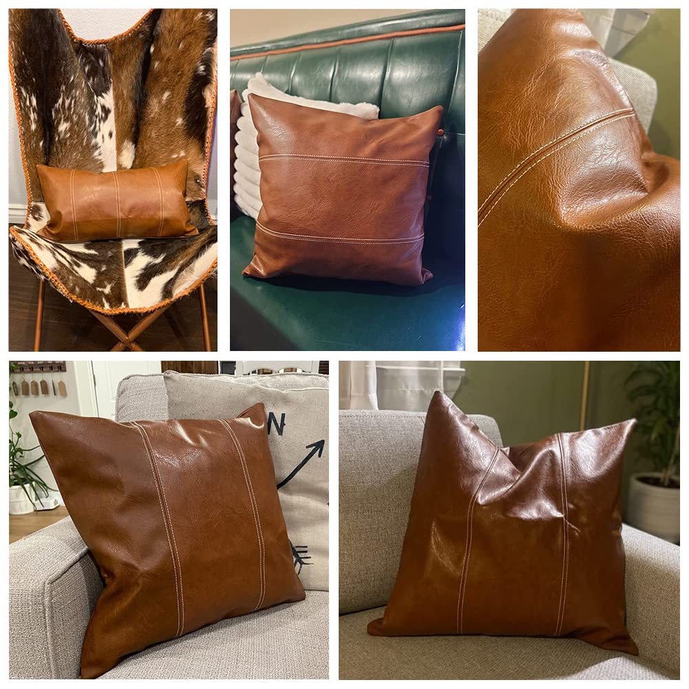 2 Packs Boho Brown Waterproof Faux Leather Decorative Throw Pillow Covers 18x18 Inch for Outdoor Couch Bed Sofa, Hand