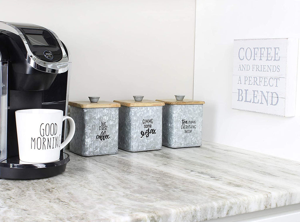 Farmhouse Galvanized Canisters (Set of 3); Storage Containers for Coffee, Tea and Sugar in Galvanized Iron and Wood