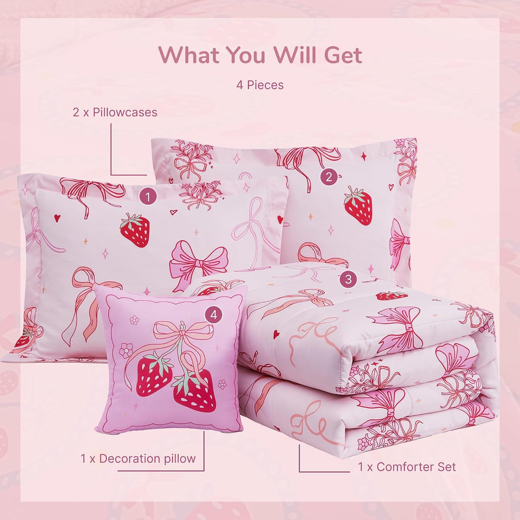 Full Comforter Set for Girls - 4 Pieces Pink Bow Full Bedding Sets for Kids, 1 Comforter, 2 Shams and 1 Decor Pillow